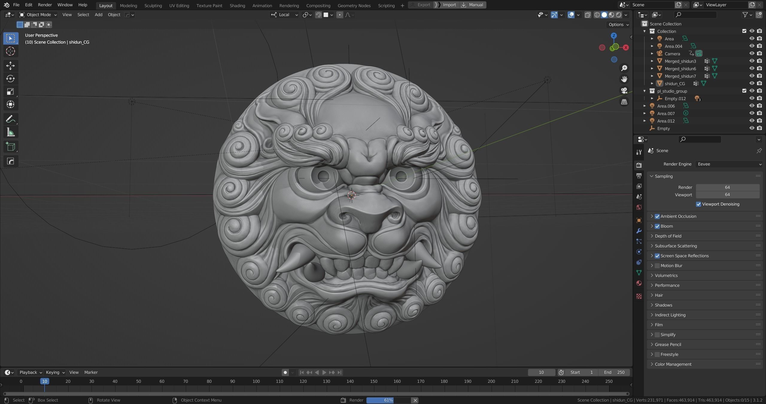 Ancient Chinese traditional culture lion head relief shield 3D model_3