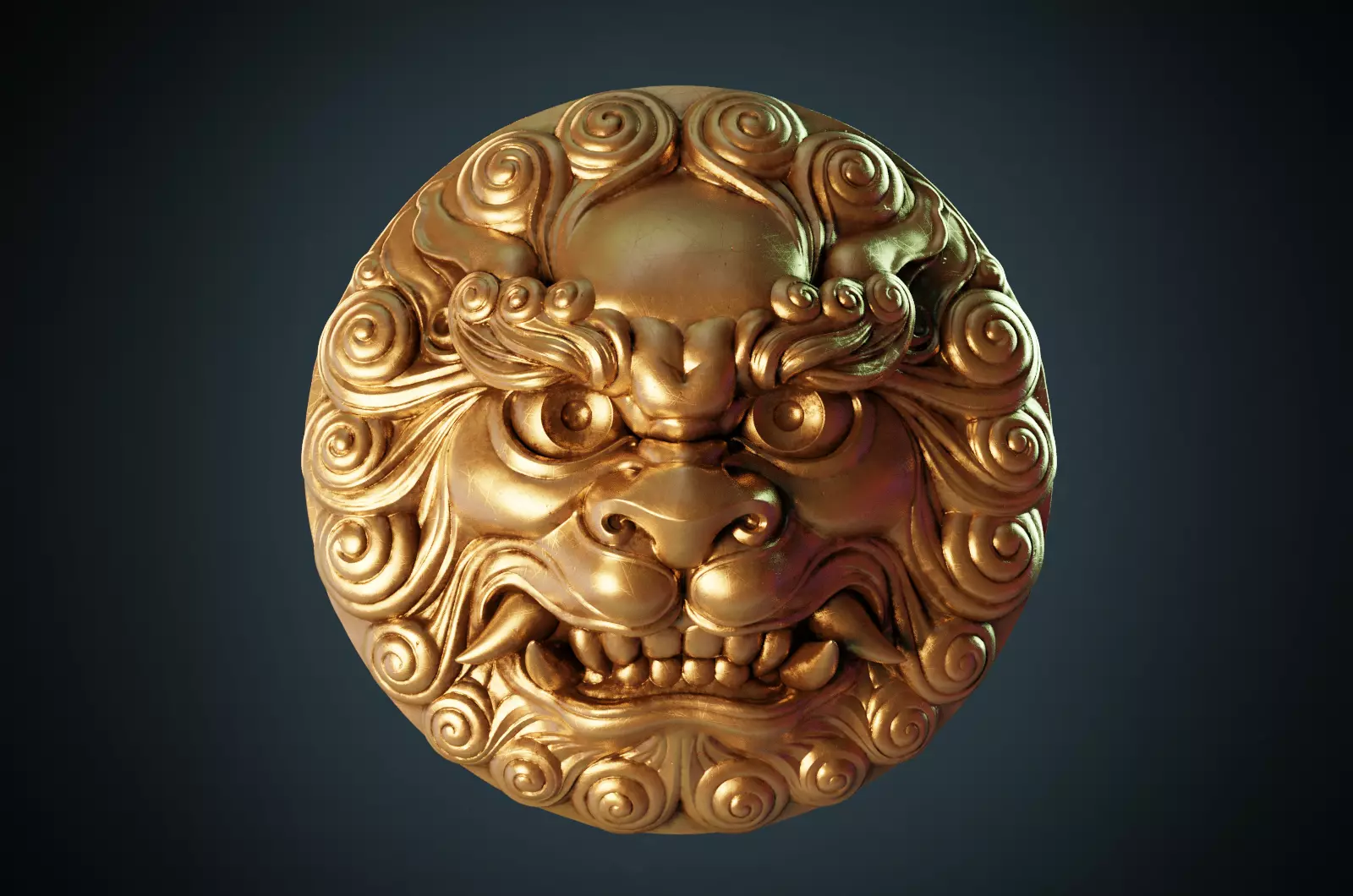 Ancient Chinese traditional culture lion head relief shield 3D model_0