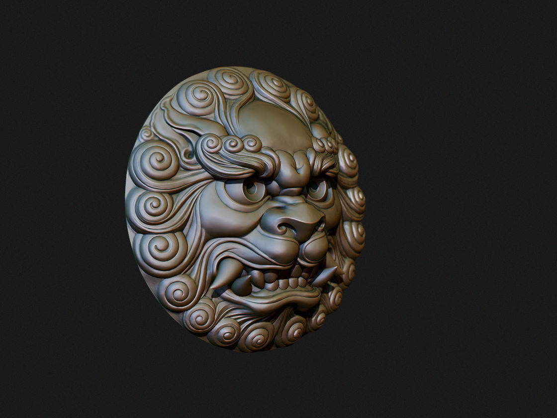 Ancient Chinese traditional culture lion head relief shield 3D model_9