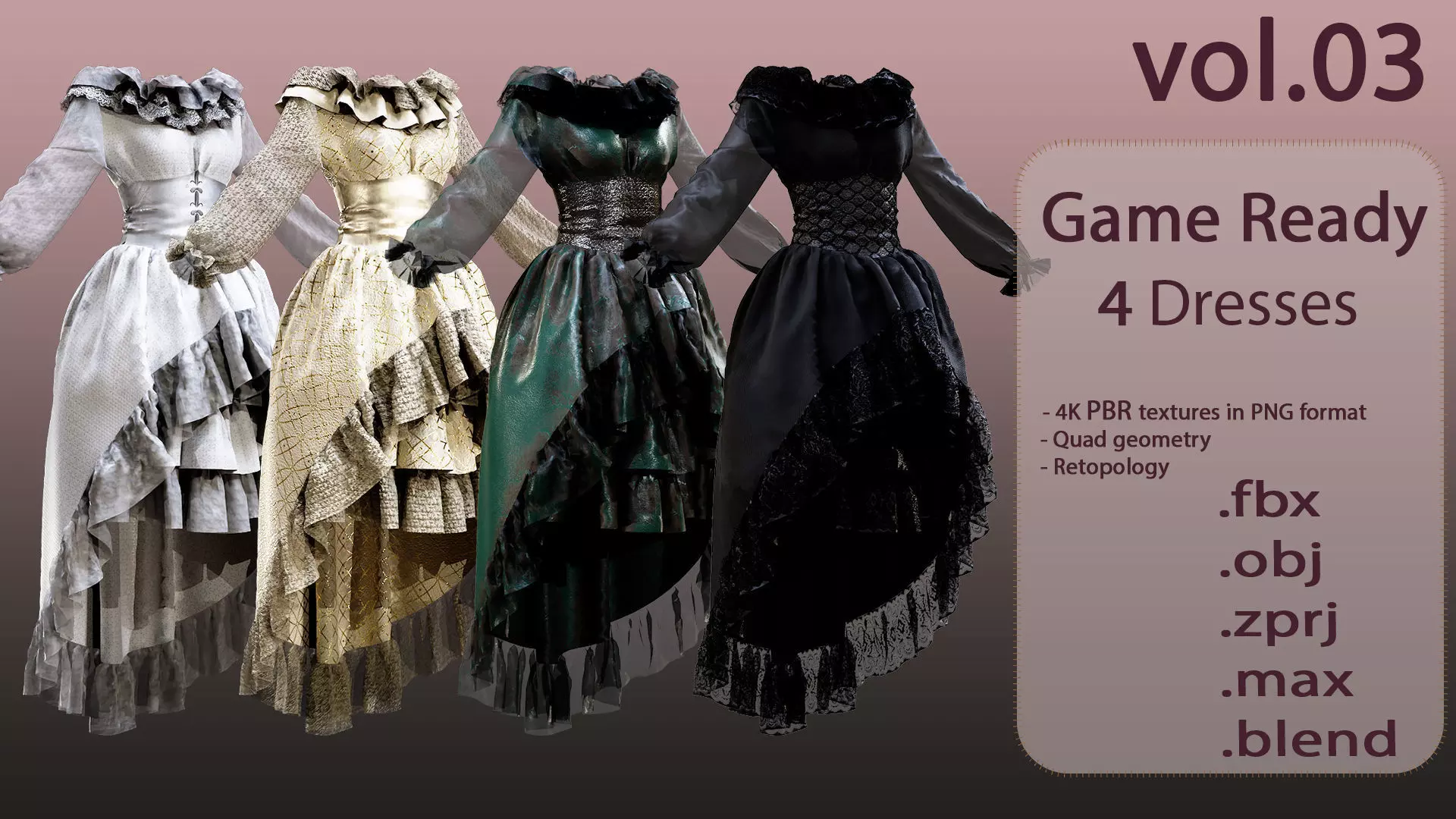 4 Dresses-low poly models-game ready Low-poly 3D model_0