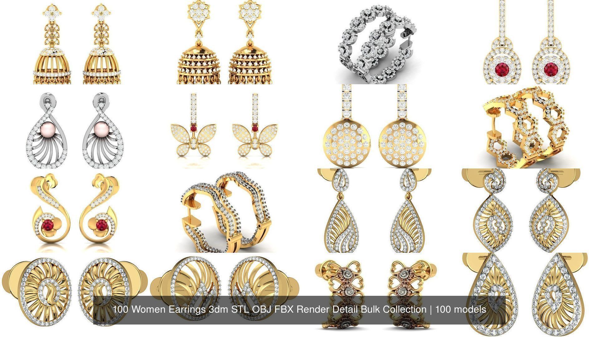 100 Women Earrings 3dm STL OBJ FBX Render Detail Bulk Collection _20