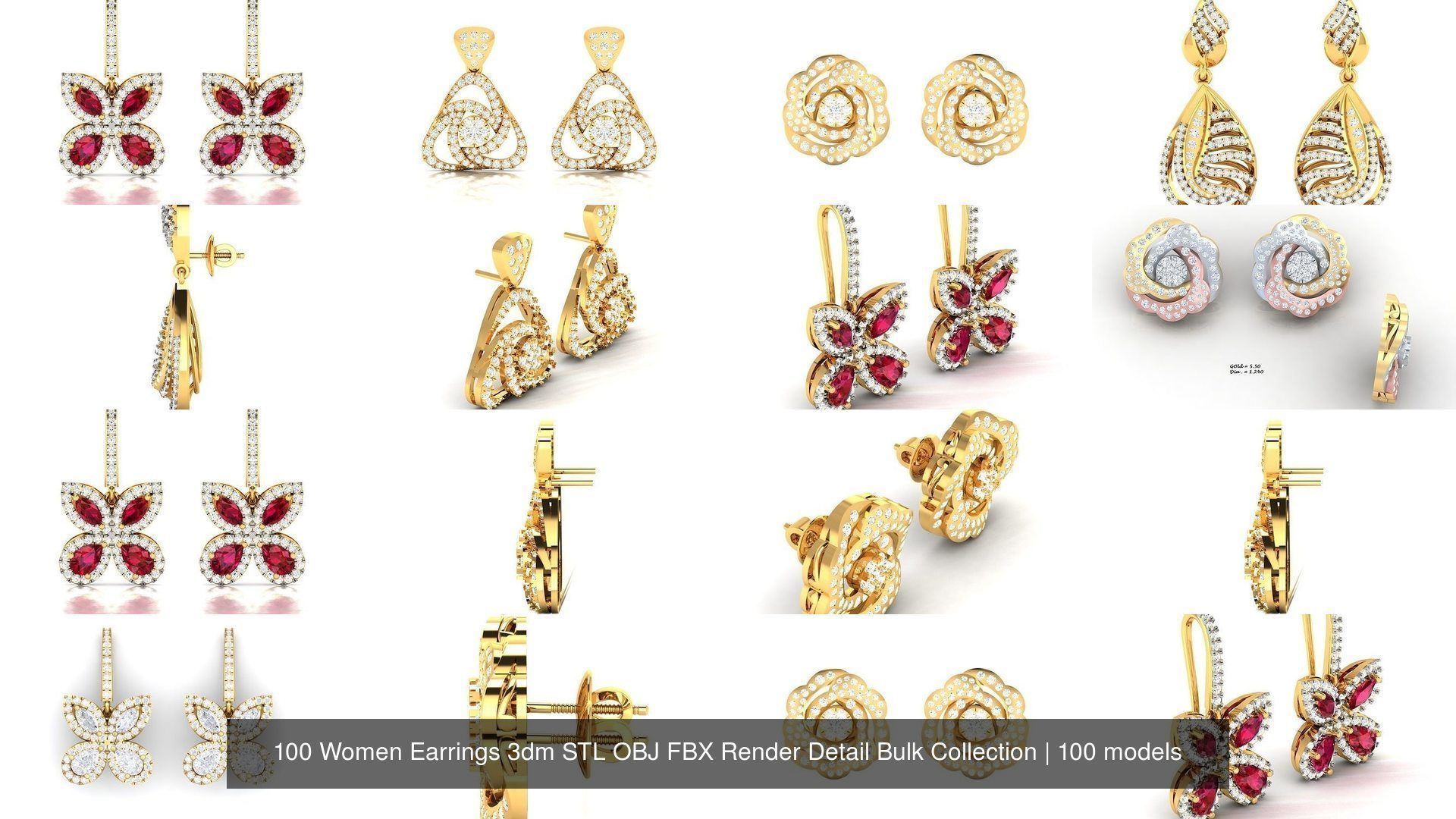 100 Women Earrings 3dm STL OBJ FBX Render Detail Bulk Collection _18