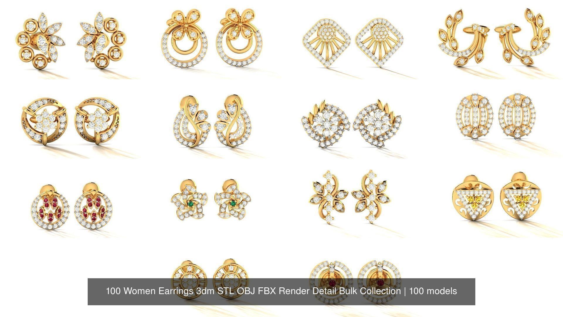 100 Women Earrings 3dm STL OBJ FBX Render Detail Bulk Collection _1