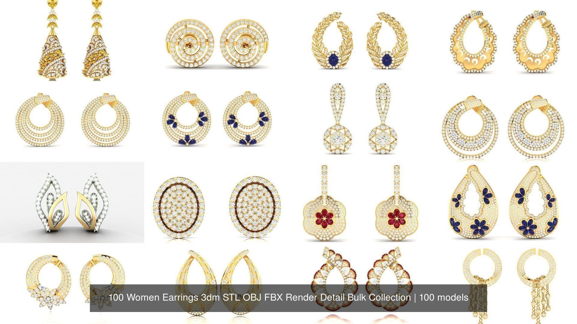100 Women Earrings 3dm STL OBJ FBX Render Detail Bulk Collection _2