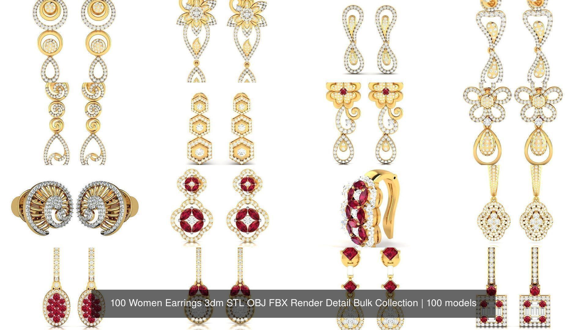 100 Women Earrings 3dm STL OBJ FBX Render Detail Bulk Collection _22