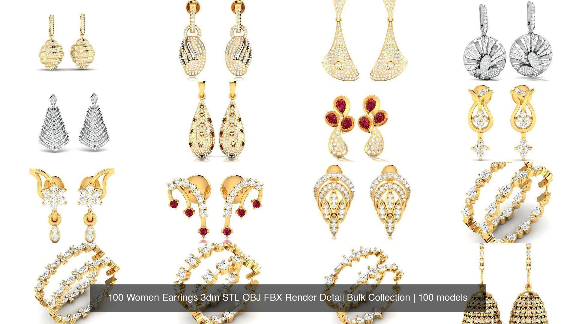 100 Women Earrings 3dm STL OBJ FBX Render Detail Bulk Collection _17