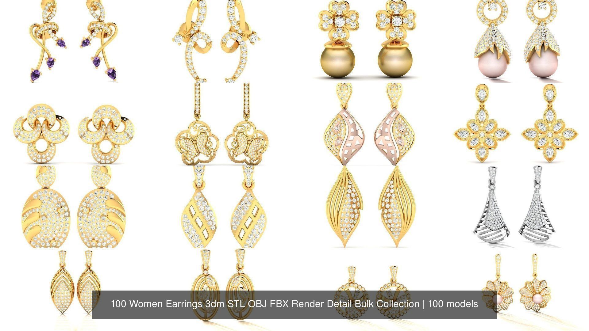100 Women Earrings 3dm STL OBJ FBX Render Detail Bulk Collection _15
