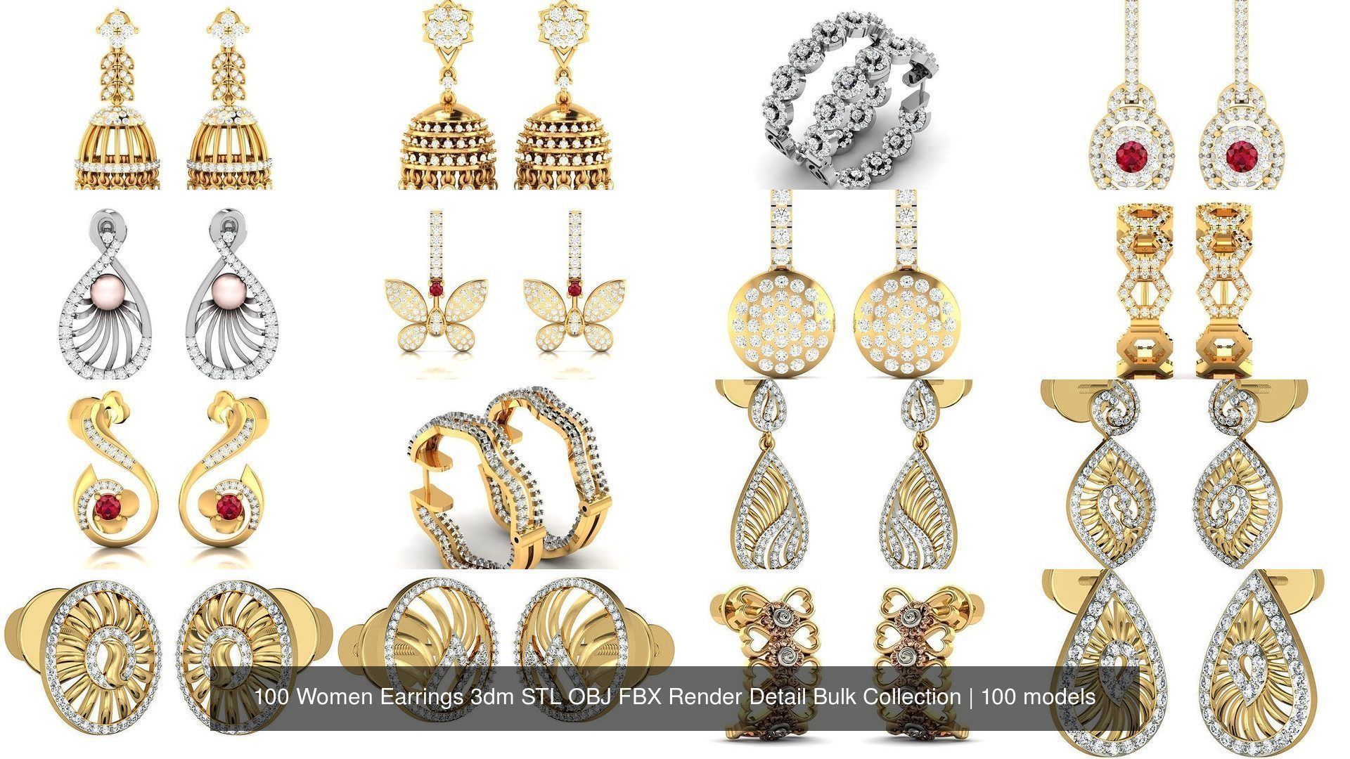 100 Women Earrings 3dm STL OBJ FBX Render Detail Bulk Collection _14