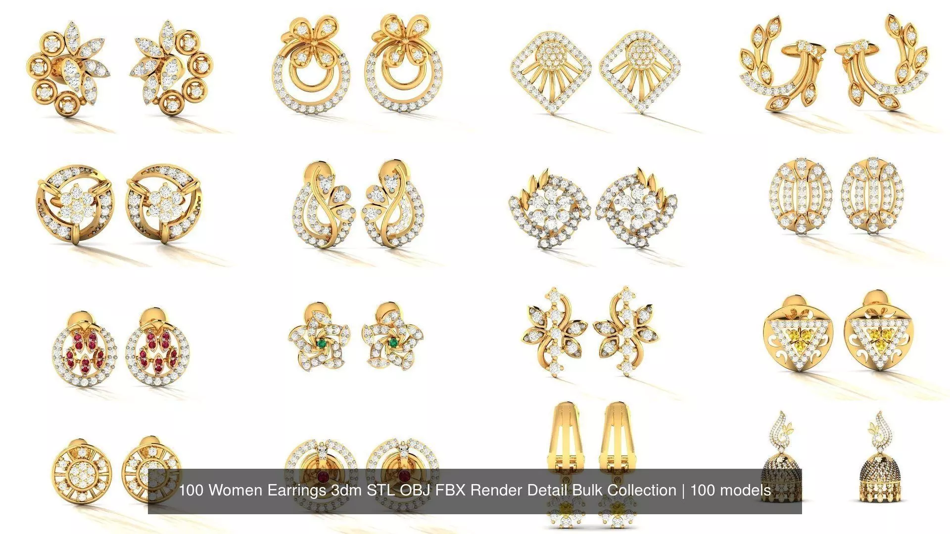 100 Women Earrings 3dm STL OBJ FBX Render Detail Bulk Collection _0