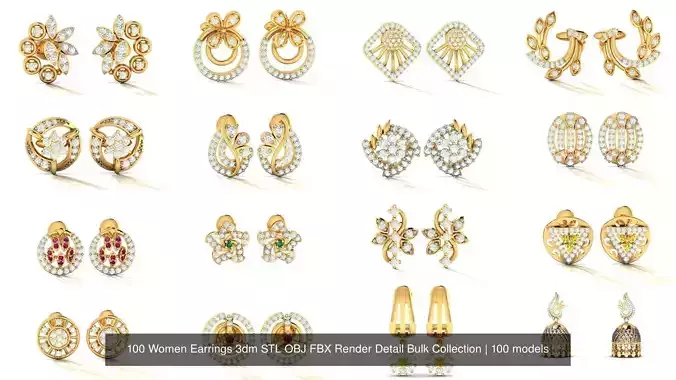 100 Women Earrings 3dm STL OBJ FBX Render Detail Bulk Collection 