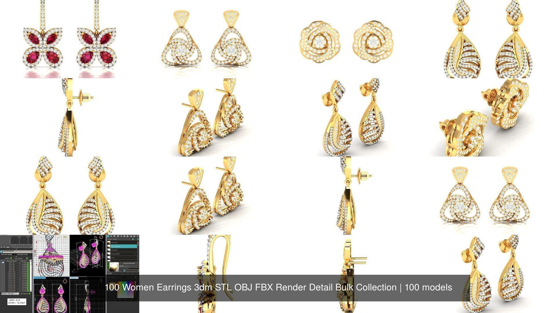 100 Women Earrings 3dm STL OBJ FBX Render Detail Bulk Collection _12