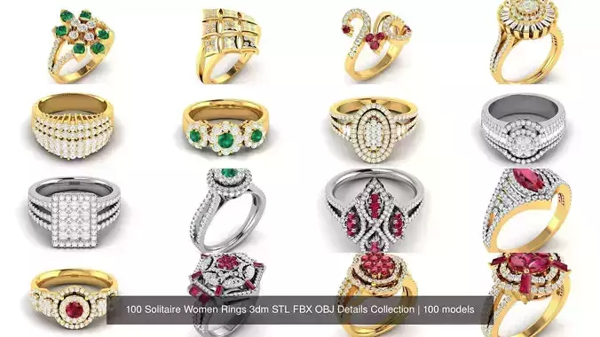 100 Solitaire Women Rings 3dm STL FBX OBJ Details Collection 