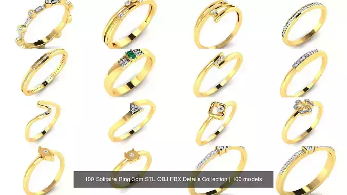 100 Solitaire Ring 3dm STL OBJ FBX Details Collection 