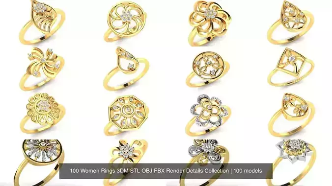 100 Women Rings 3DM STL OBJ FBX Render Details Collection 