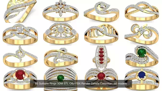85 Solitaire Rings 3DM STL OBJ FBX Render Details Collection 