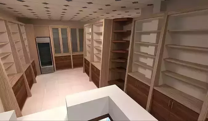 pharmacy walk in closet with shelves and drawers