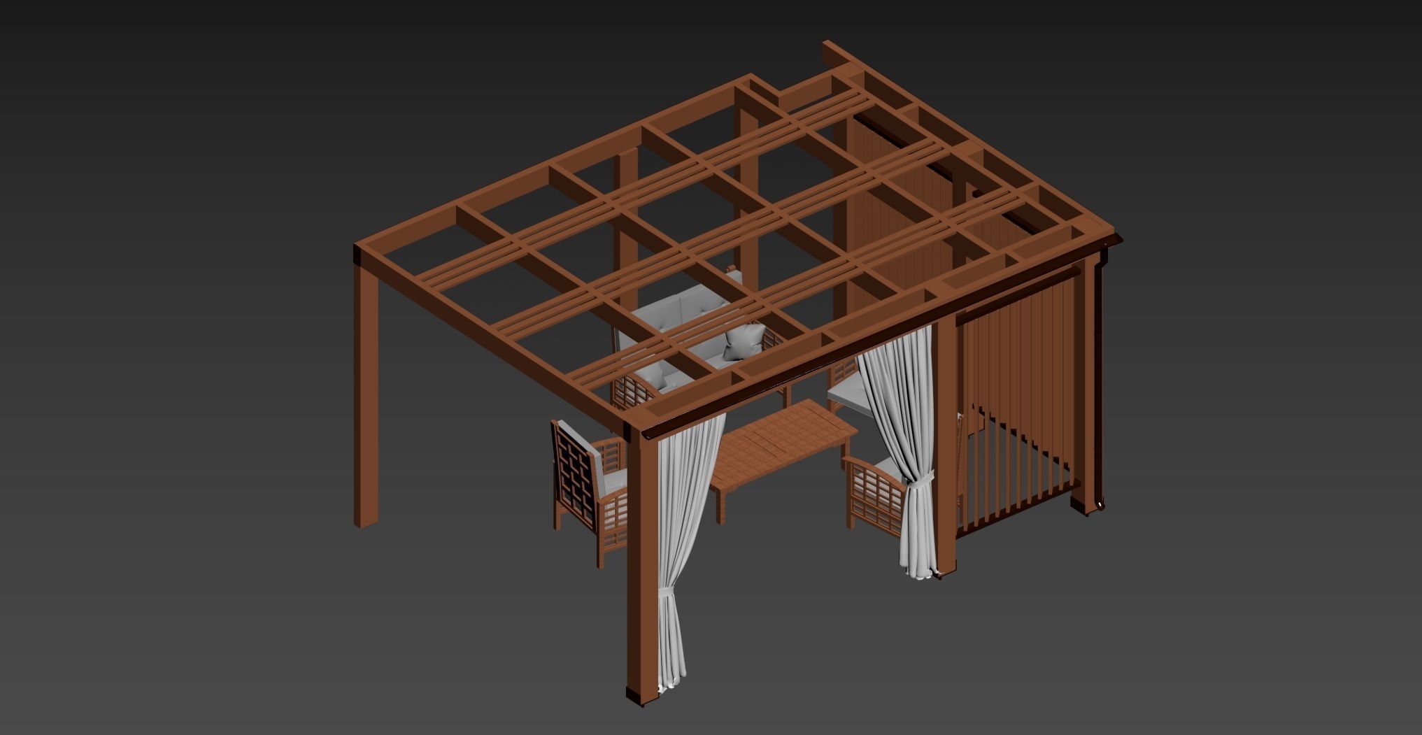 Garden Wooden Alcove with set of Chairs and Table 3D model_3