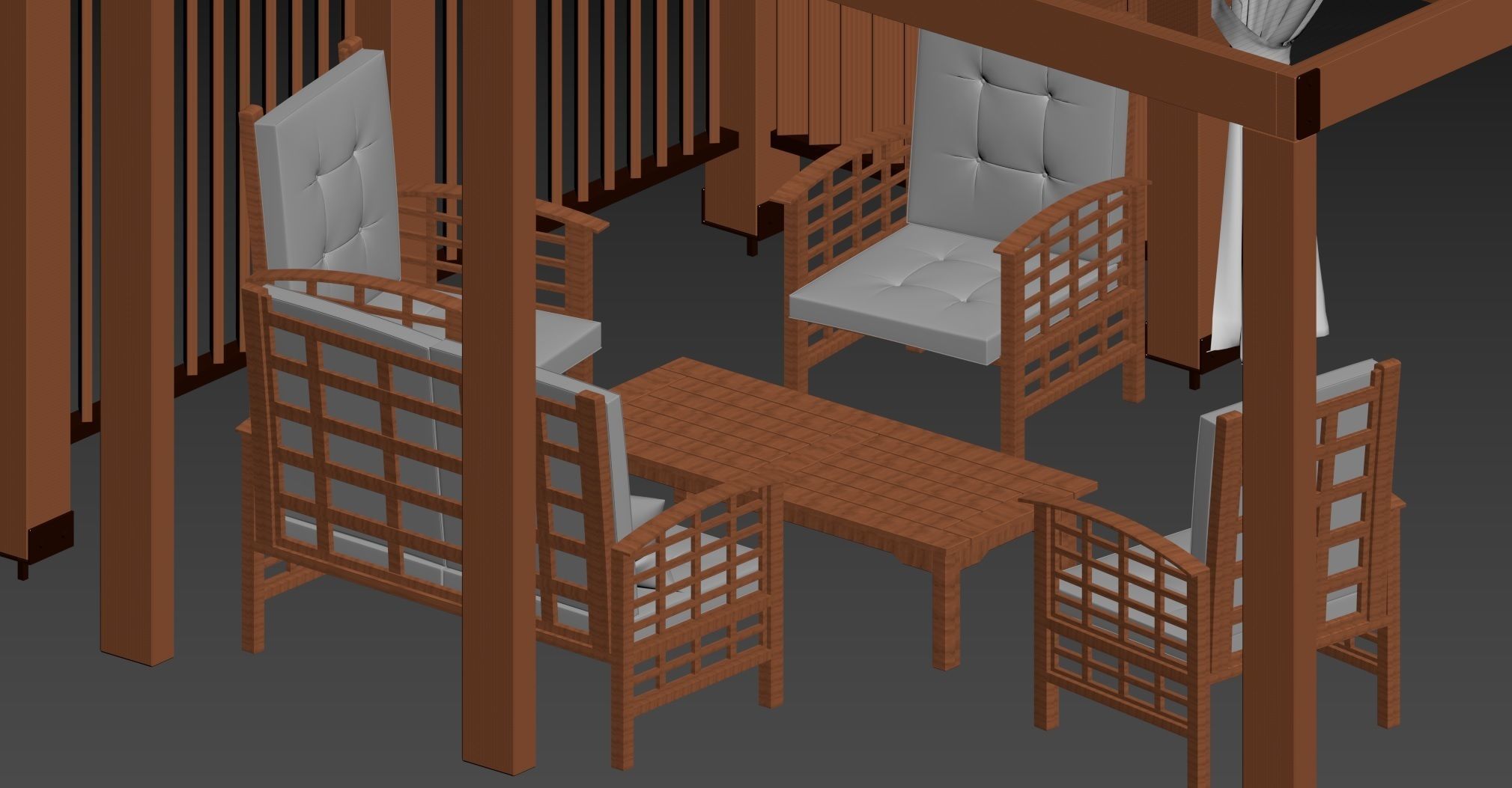 Garden Wooden Alcove with set of Chairs and Table 3D model_5