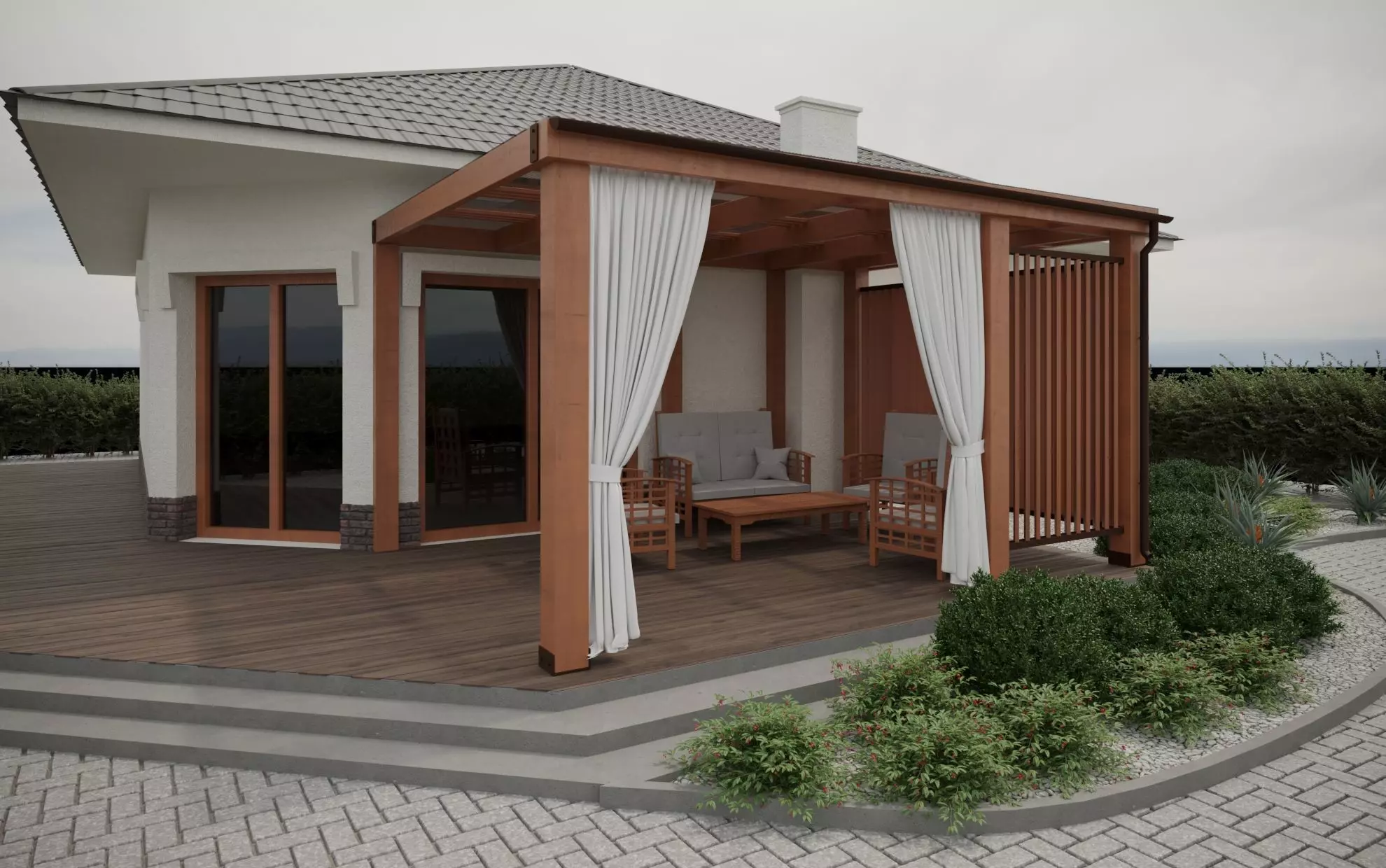 Garden Wooden Alcove with set of Chairs and Table 3D model_0