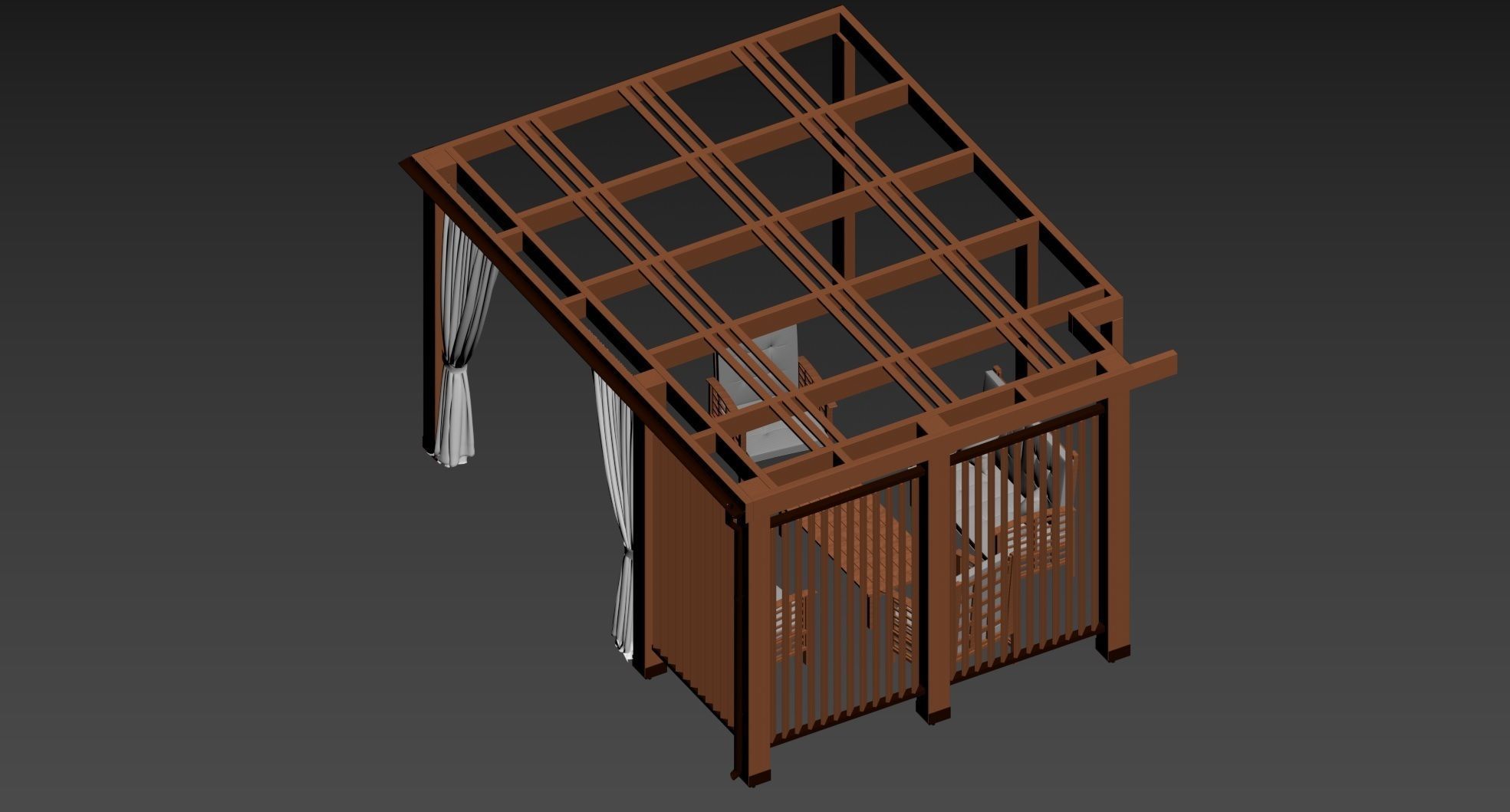 Garden Wooden Alcove with set of Chairs and Table 3D model_4