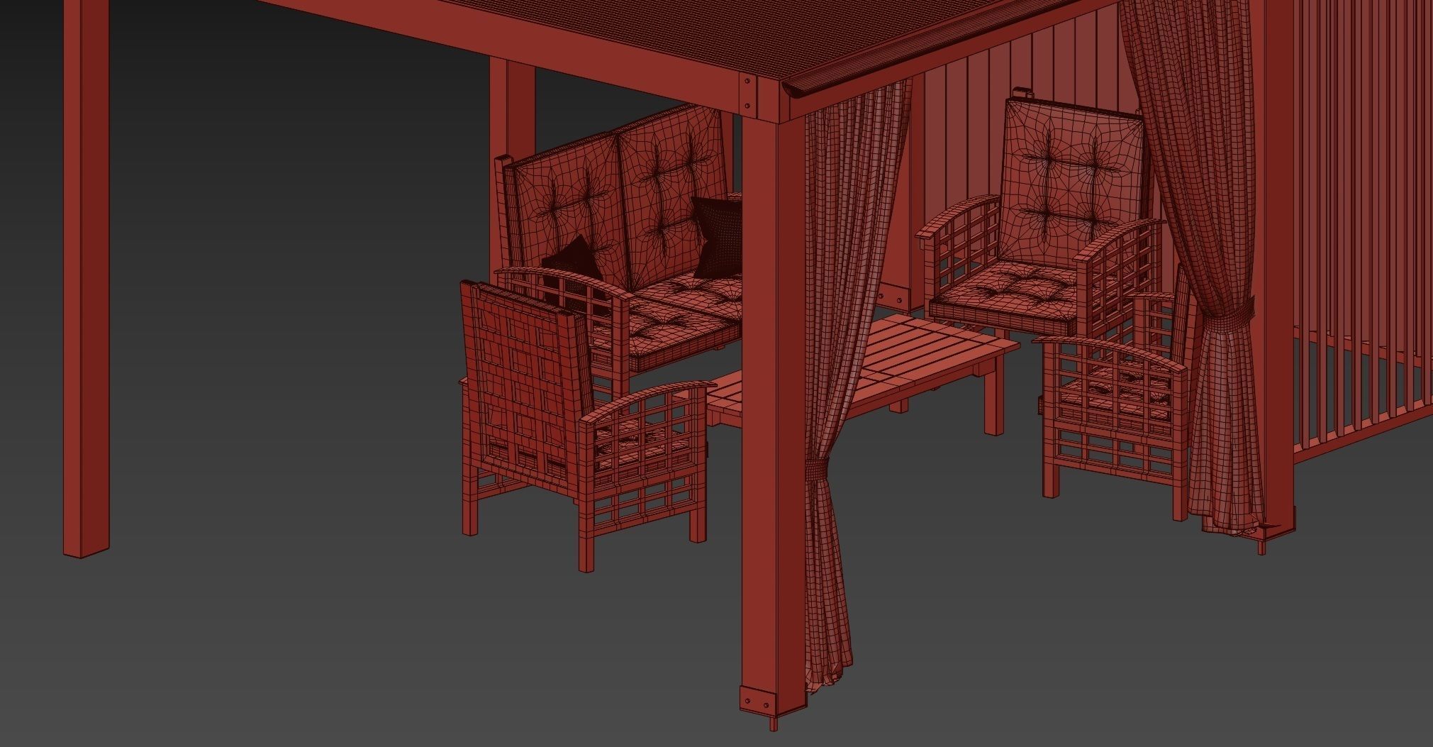 Garden Wooden Alcove with set of Chairs and Table 3D model_7