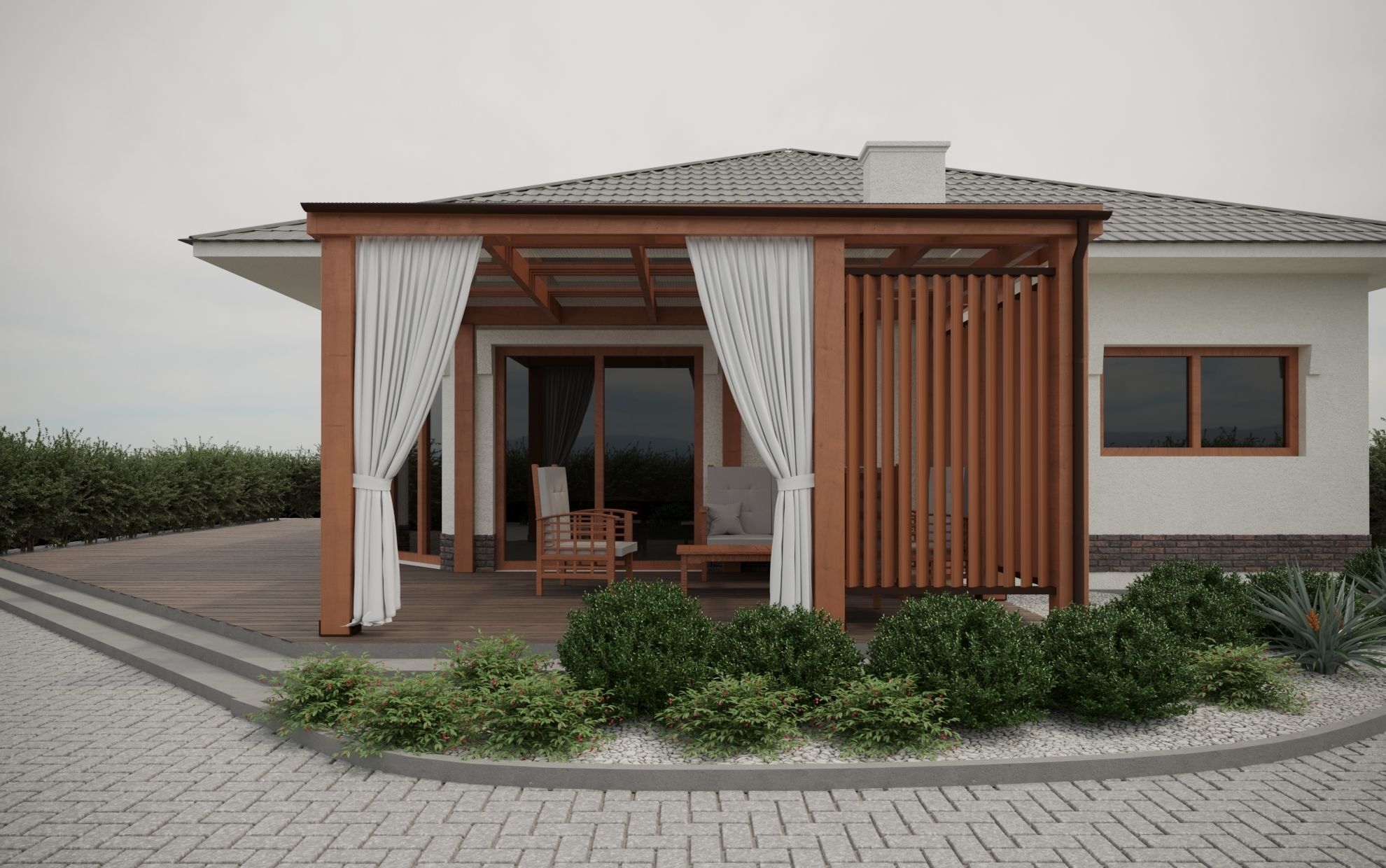 Garden Wooden Alcove with set of Chairs and Table 3D model_1