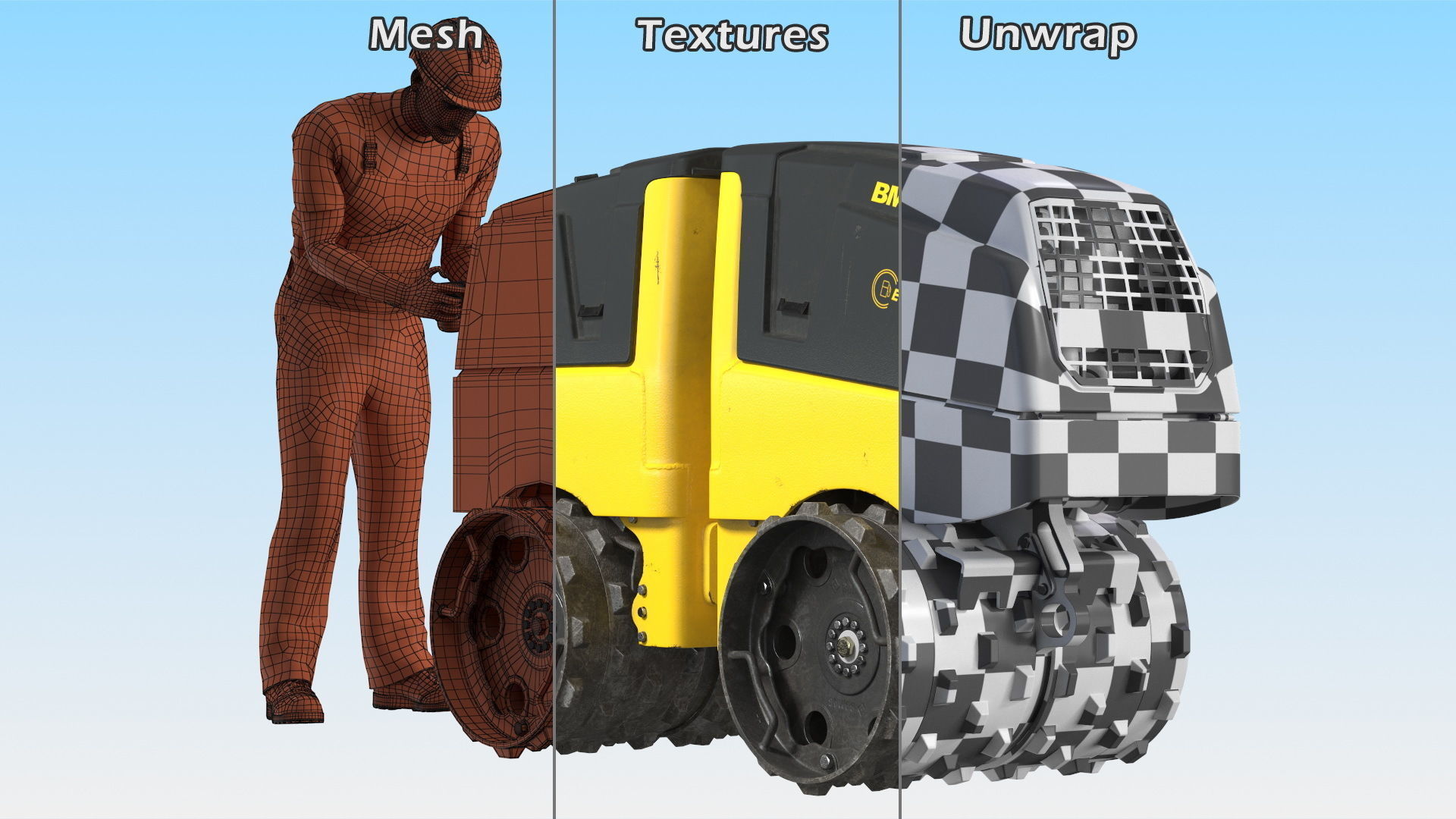 Construction Worker with Trench Roller Bomag BMP8500 Rigged 3D model_42