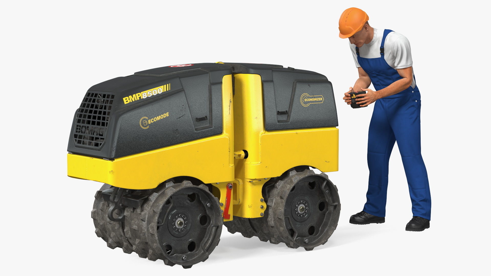 Construction Worker with Trench Roller Bomag BMP8500 Rigged 3D model_1