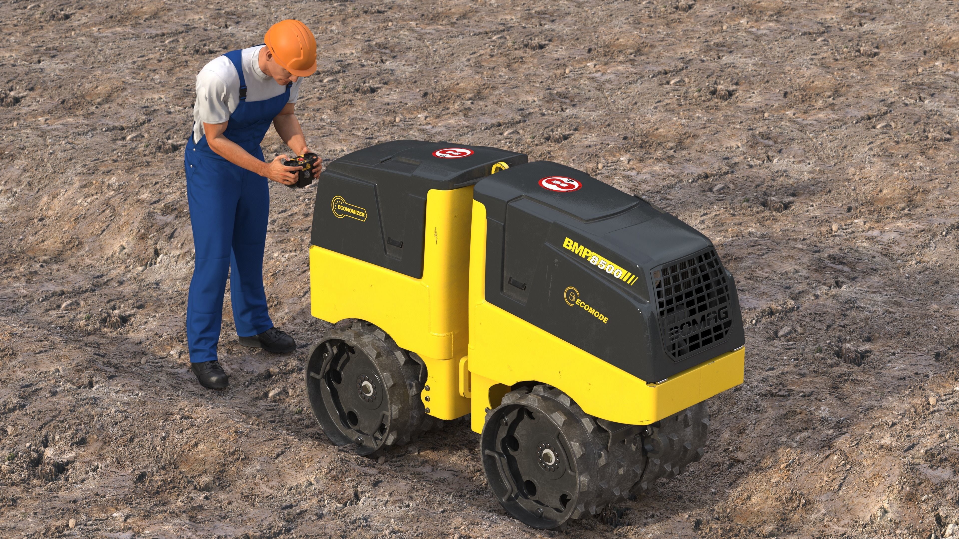 Construction Worker with Trench Roller Bomag BMP8500 Rigged 3D model_50
