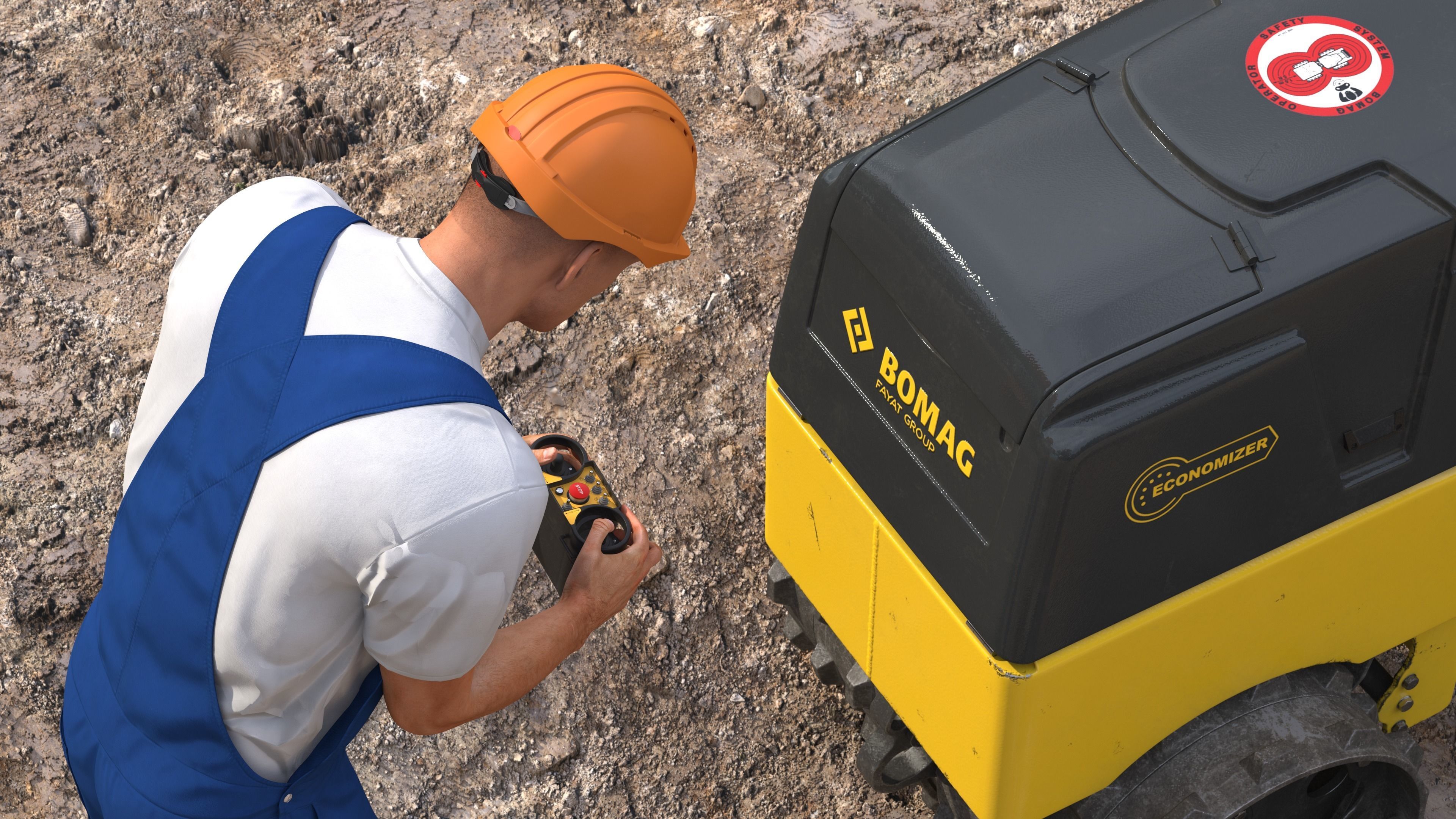 Construction Worker with Trench Roller Bomag BMP8500 Rigged 3D model_60