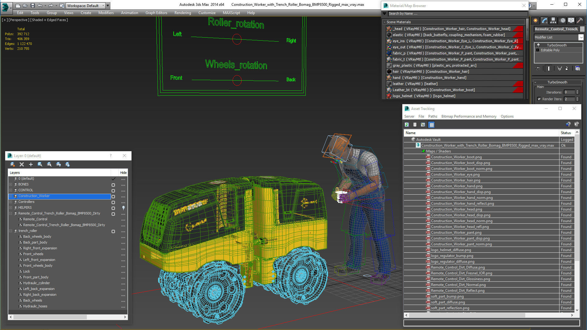 Construction Worker with Trench Roller Bomag BMP8500 Rigged 3D model_55
