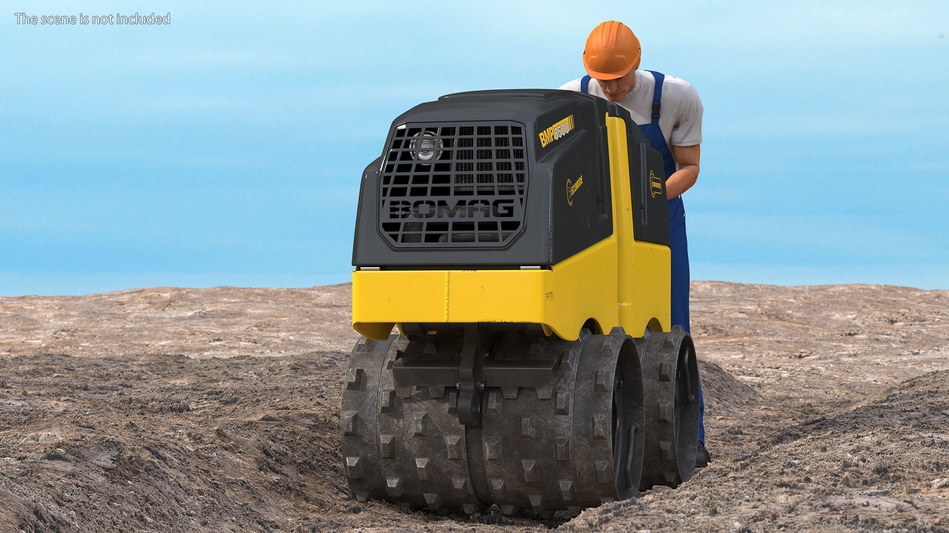 Construction Worker with Trench Roller Bomag BMP8500 Rigged 3D model_6