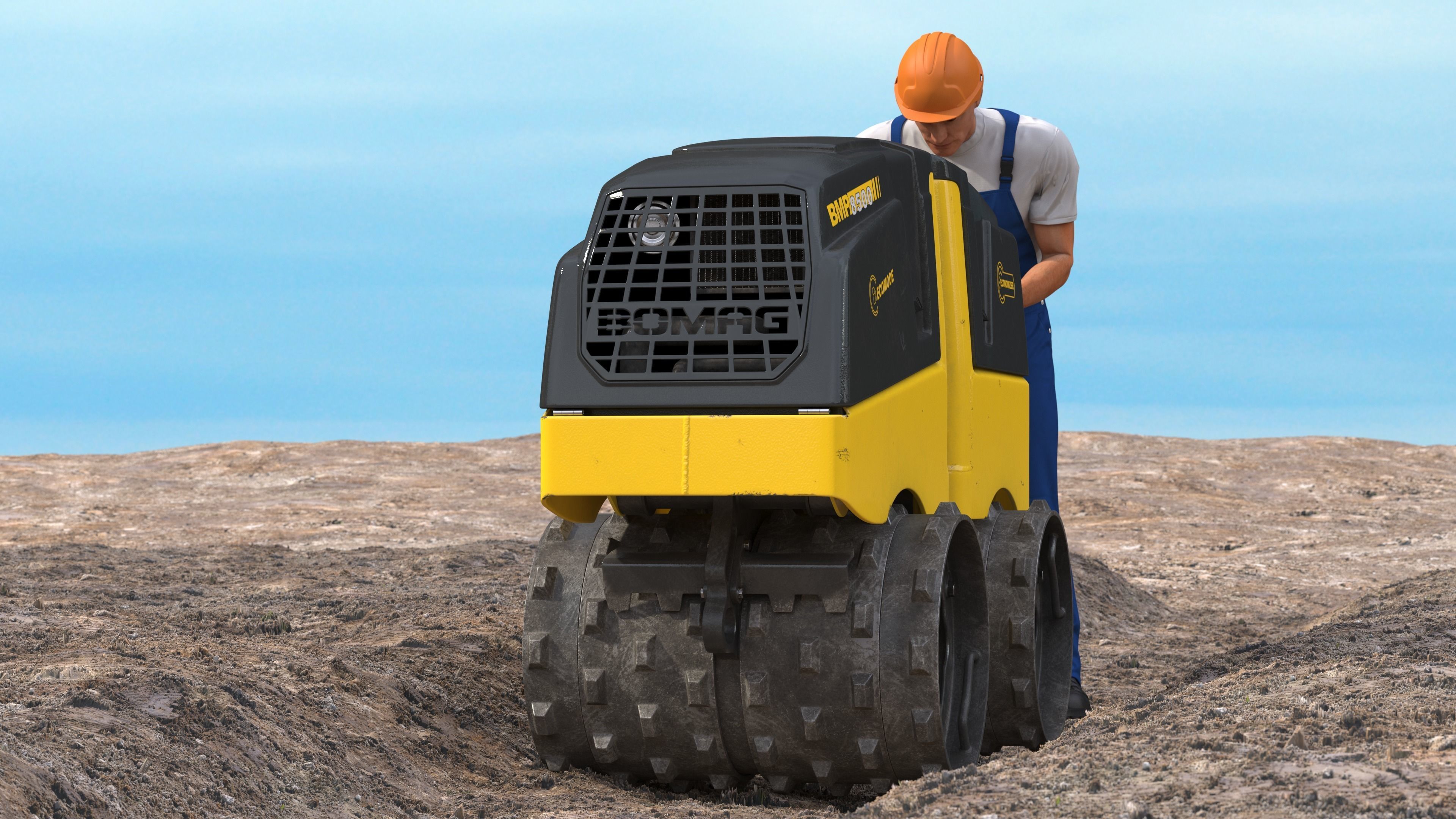 Construction Worker with Trench Roller Bomag BMP8500 Rigged 3D model_52