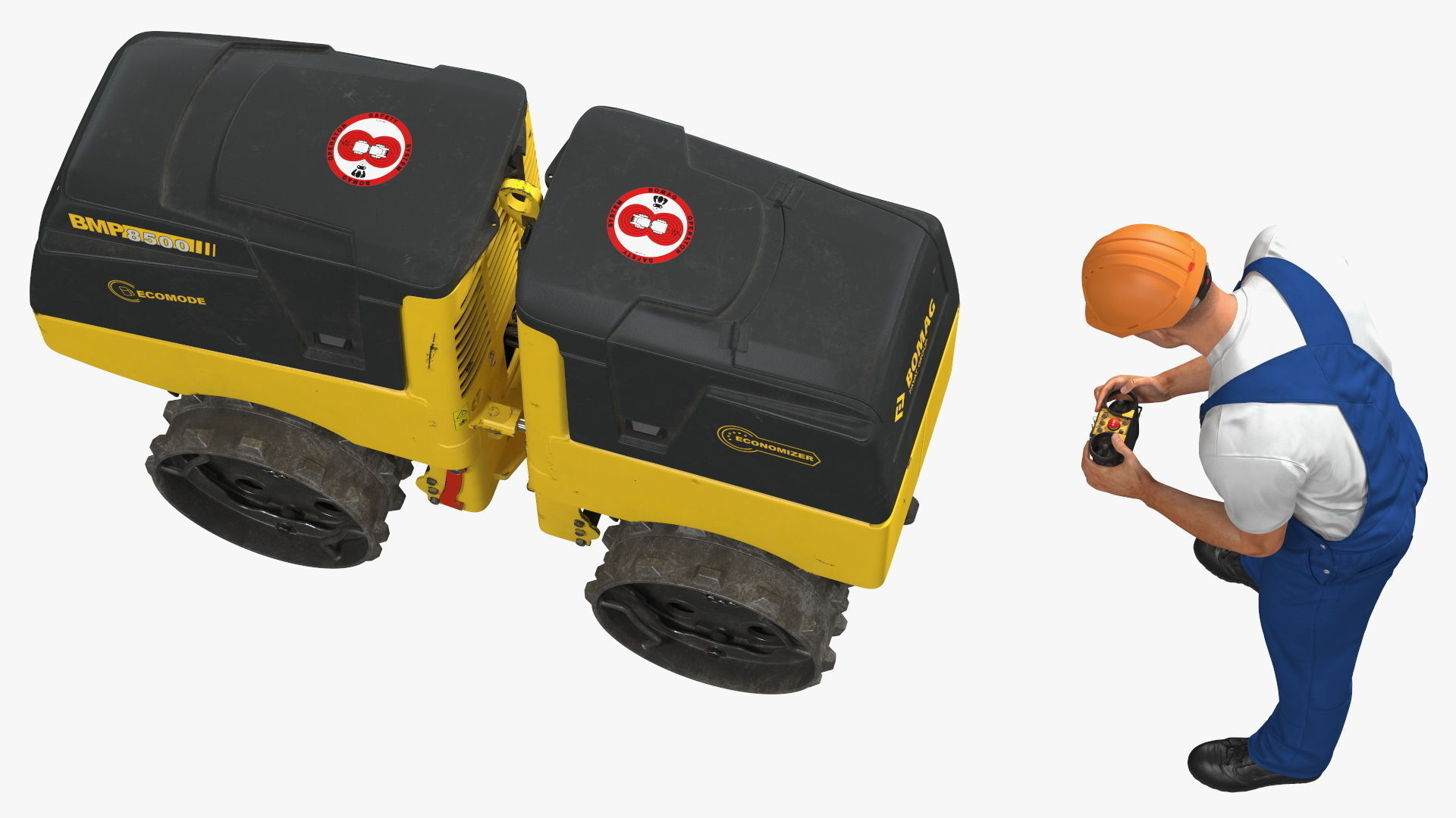 Construction Worker with Trench Roller Bomag BMP8500 Rigged 3D model_18