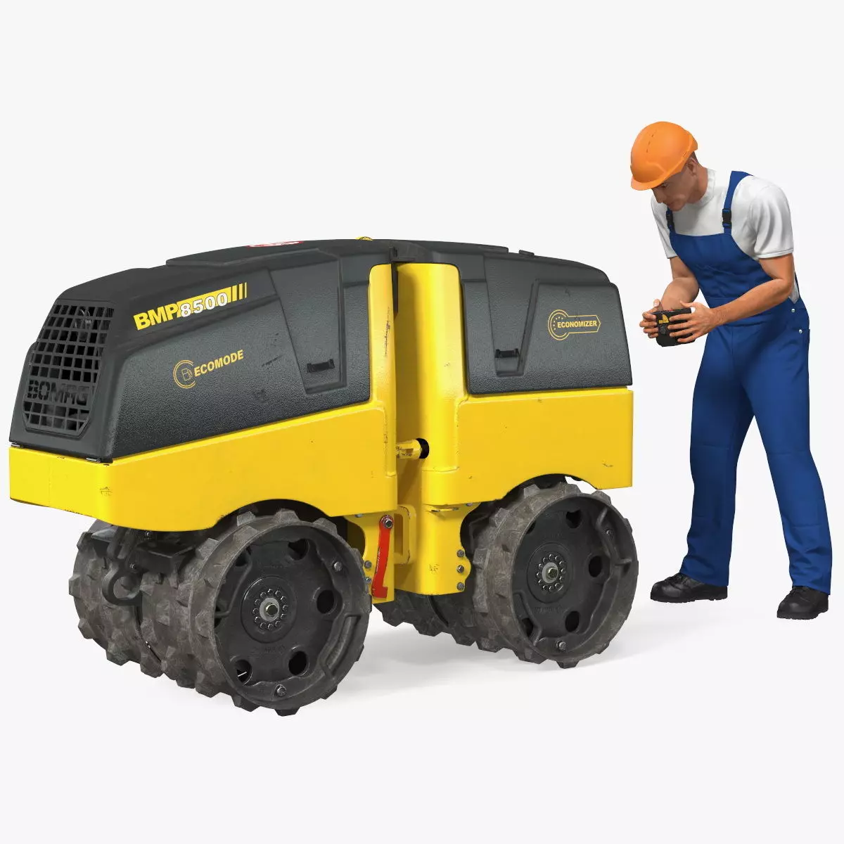 Construction Worker with Trench Roller Bomag BMP8500 Rigged 3D model_0