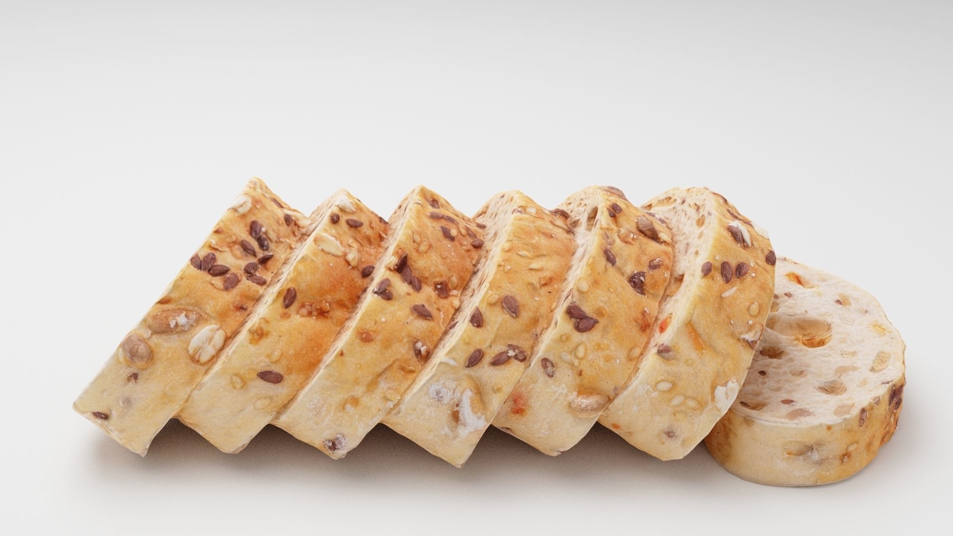 Sliced Baguette or cut French bread with seeds and spices 3D model_1