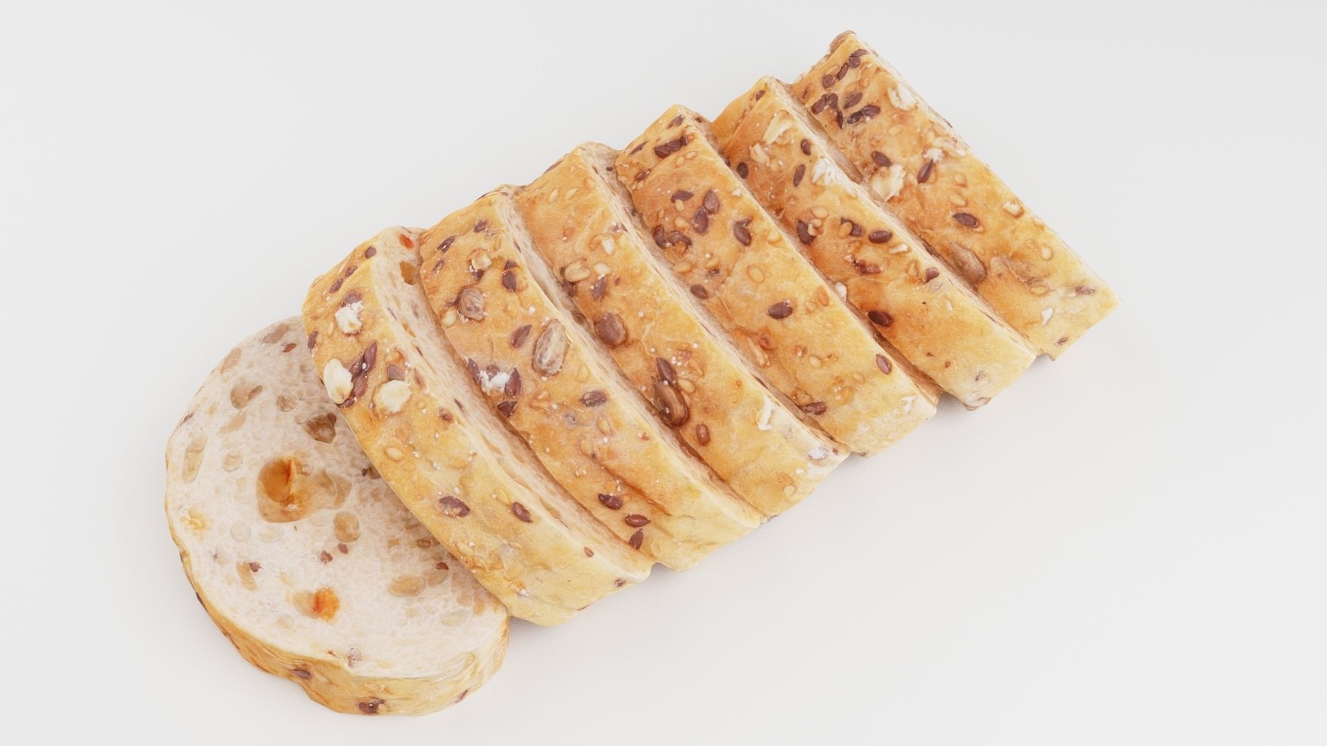 Sliced Baguette or cut French bread with seeds and spices 3D model_2