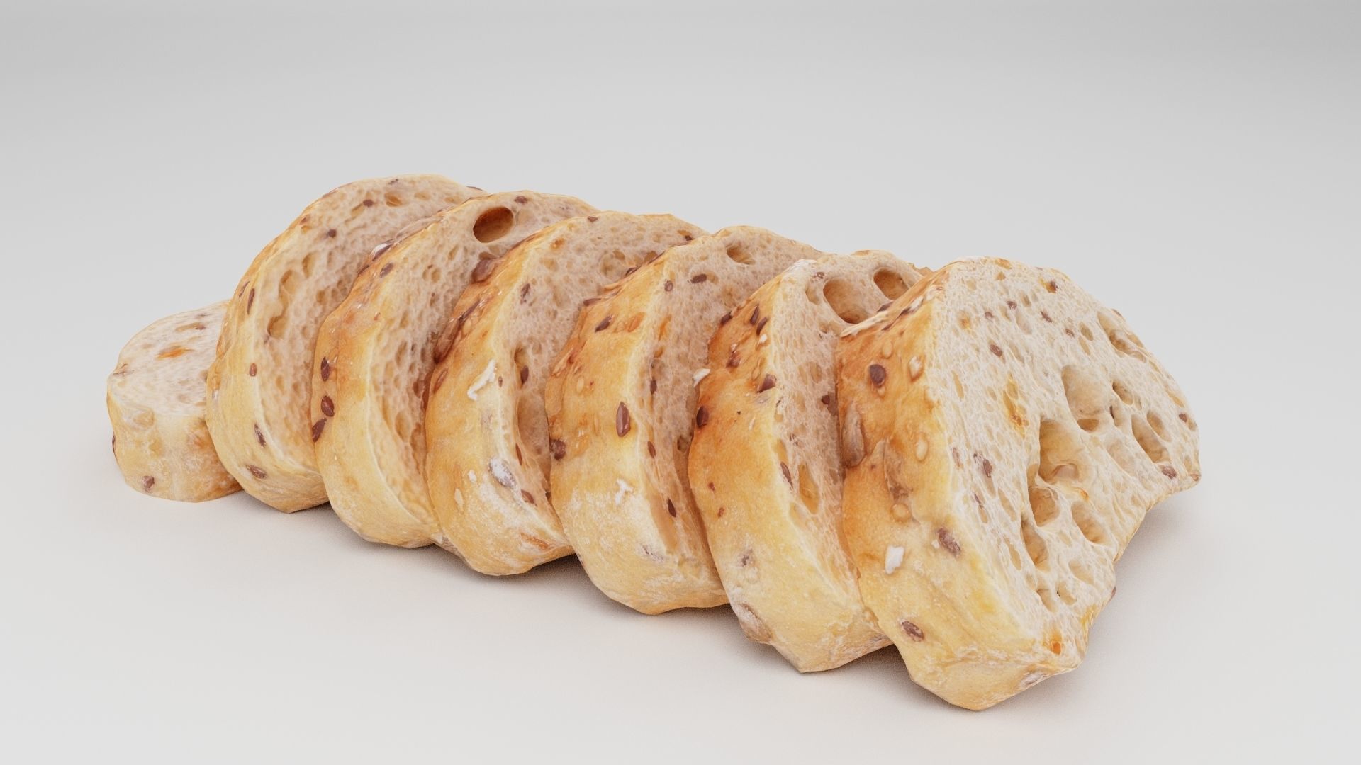 Sliced Baguette or cut French bread with seeds and spices 3D model_3