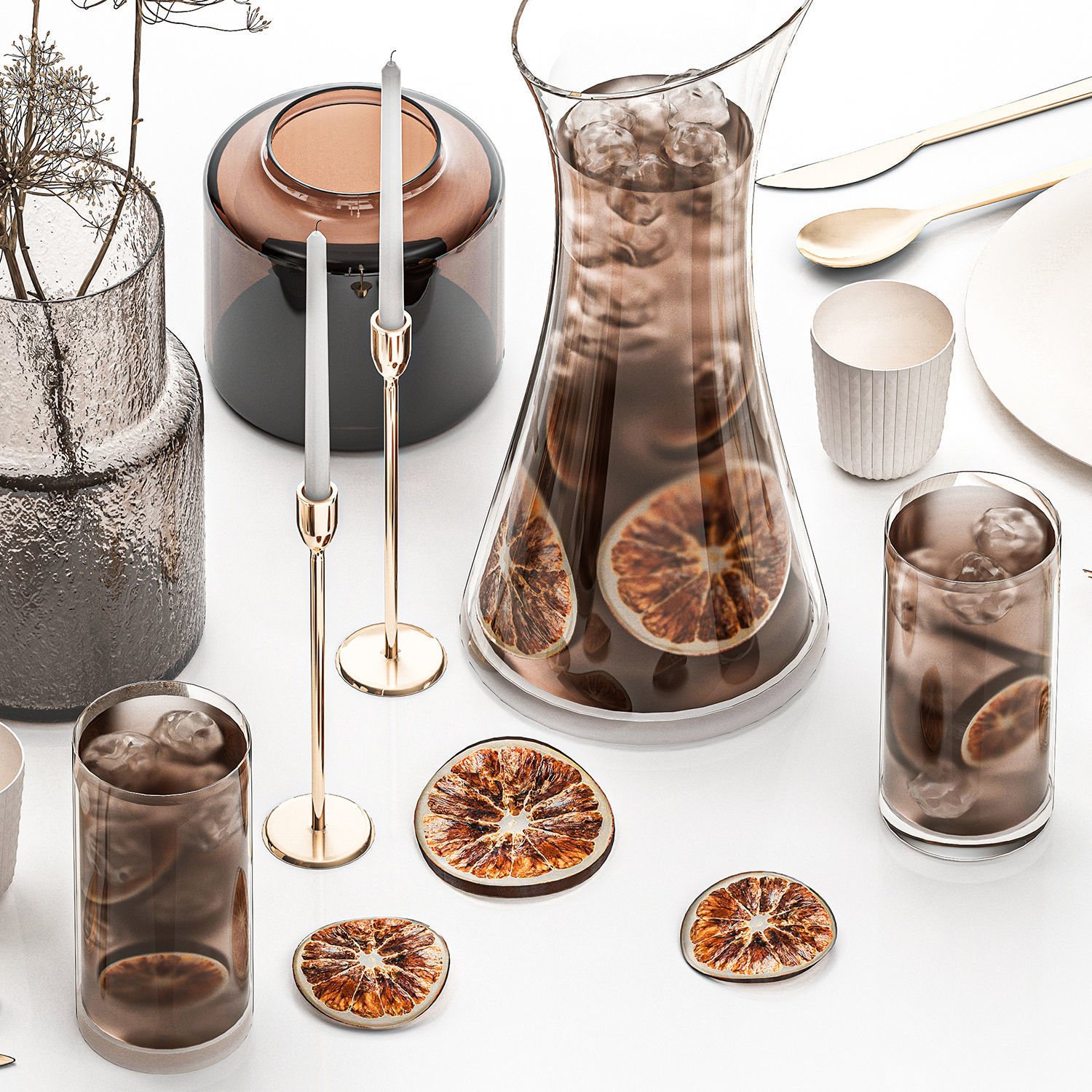 Table Setting With Bouquet And Carafe Of Iced Tea 3D model_5