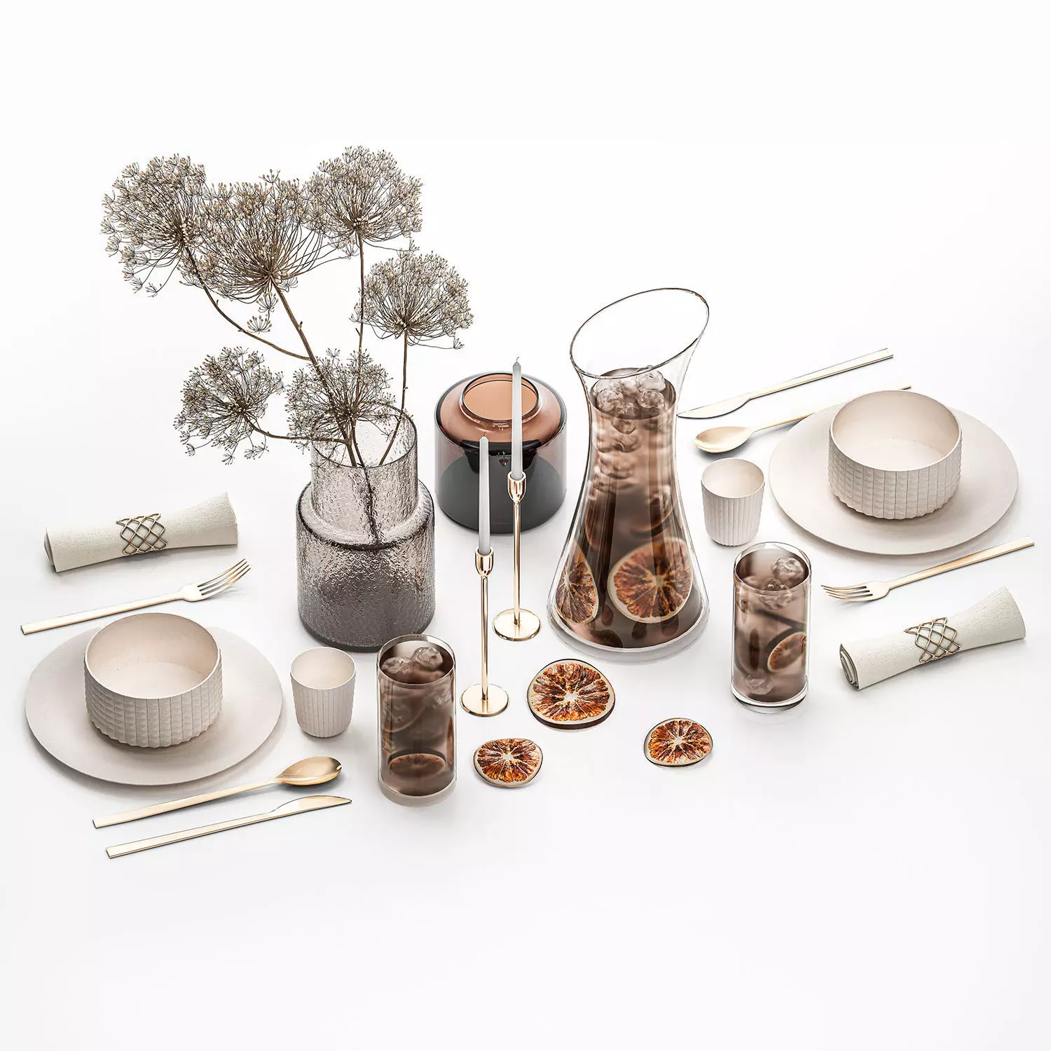 Table Setting With Bouquet And Carafe Of Iced Tea 3D model_0