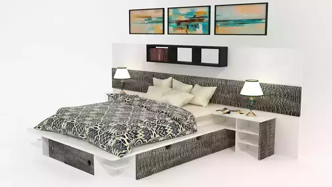 Bedroom set with decorative panels and additional furniture