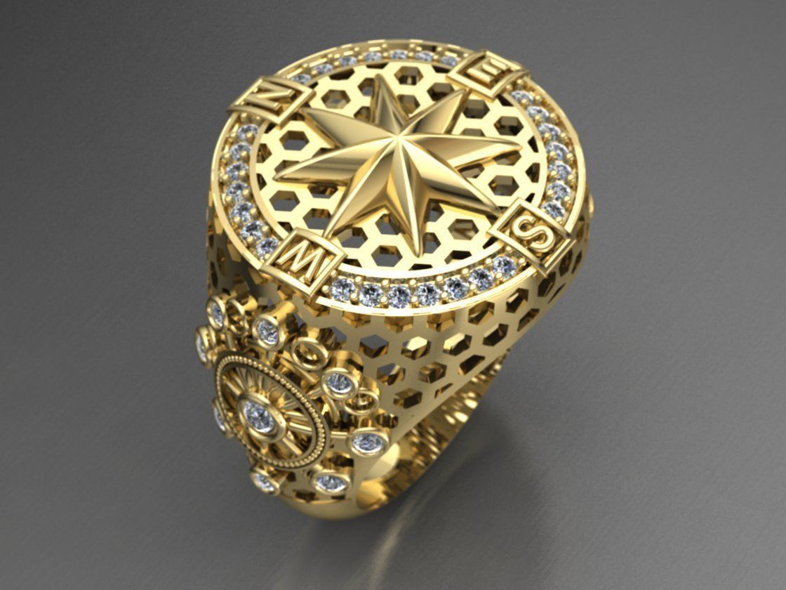 compass ring with diamonds 3D print model_2