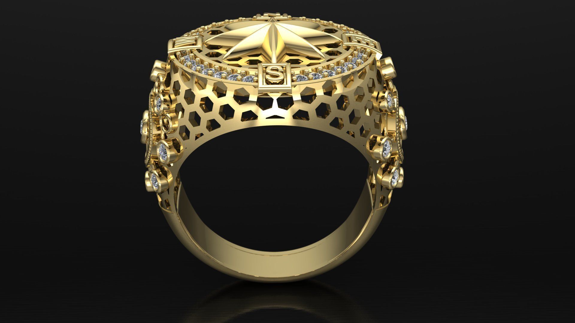 compass ring with diamonds 3D print model_4