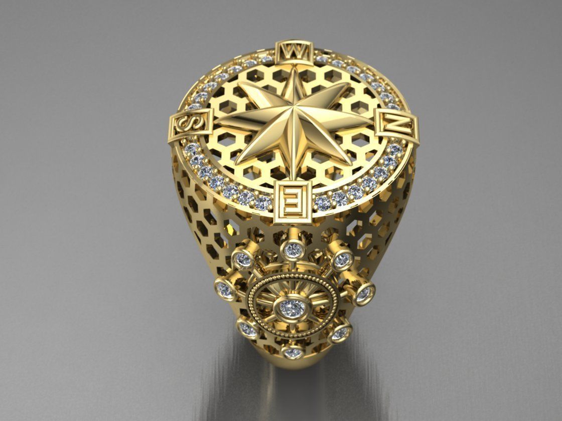 compass ring with diamonds 3D print model_3