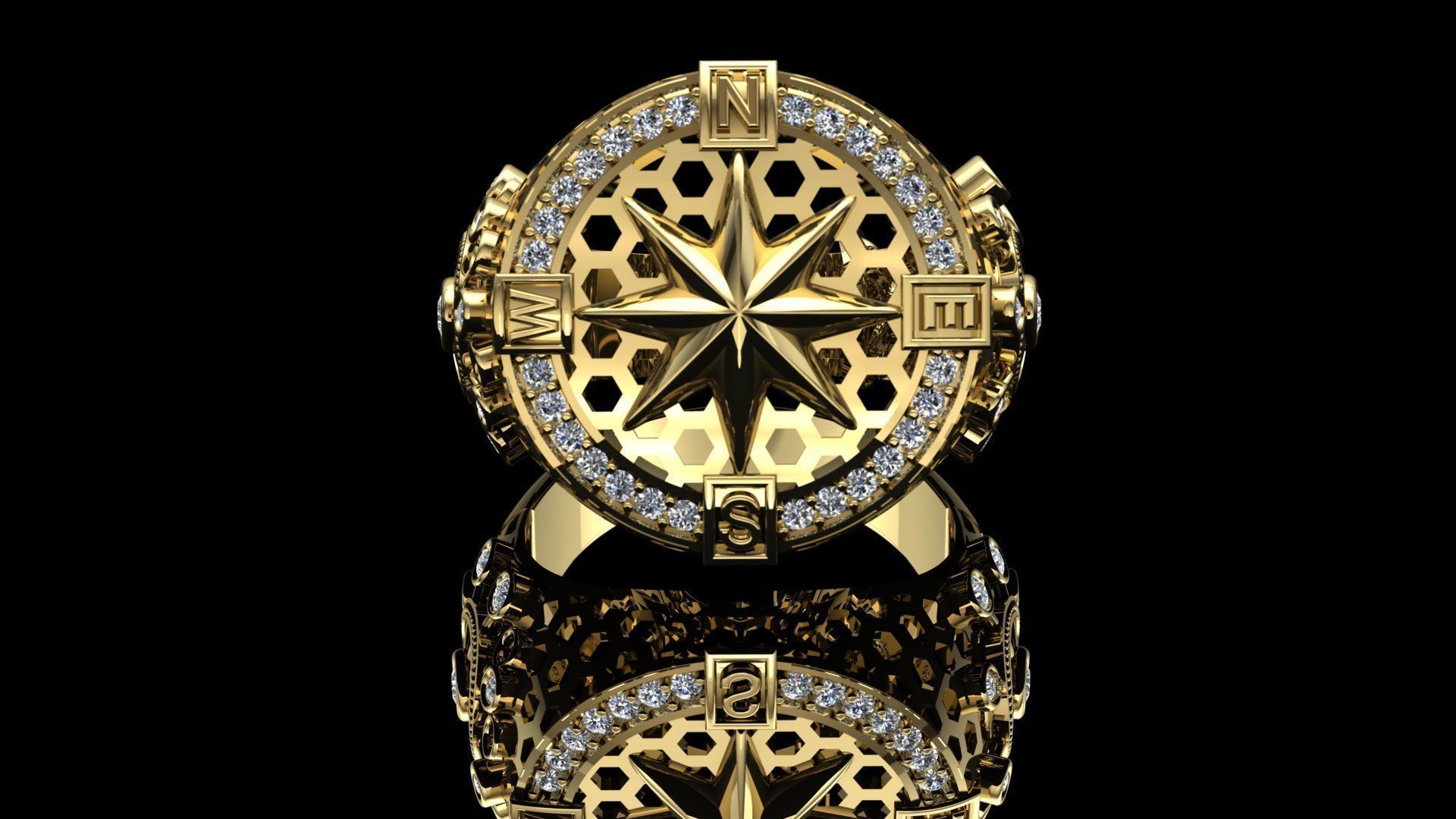 compass ring with diamonds 3D print model_1