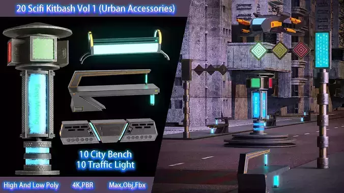 20 Scifi Urban Kitbash Vol 1 Low-poly 3D model