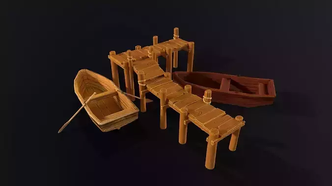 Stylized lowpoly port pier and boats game asset Low-poly 3D model