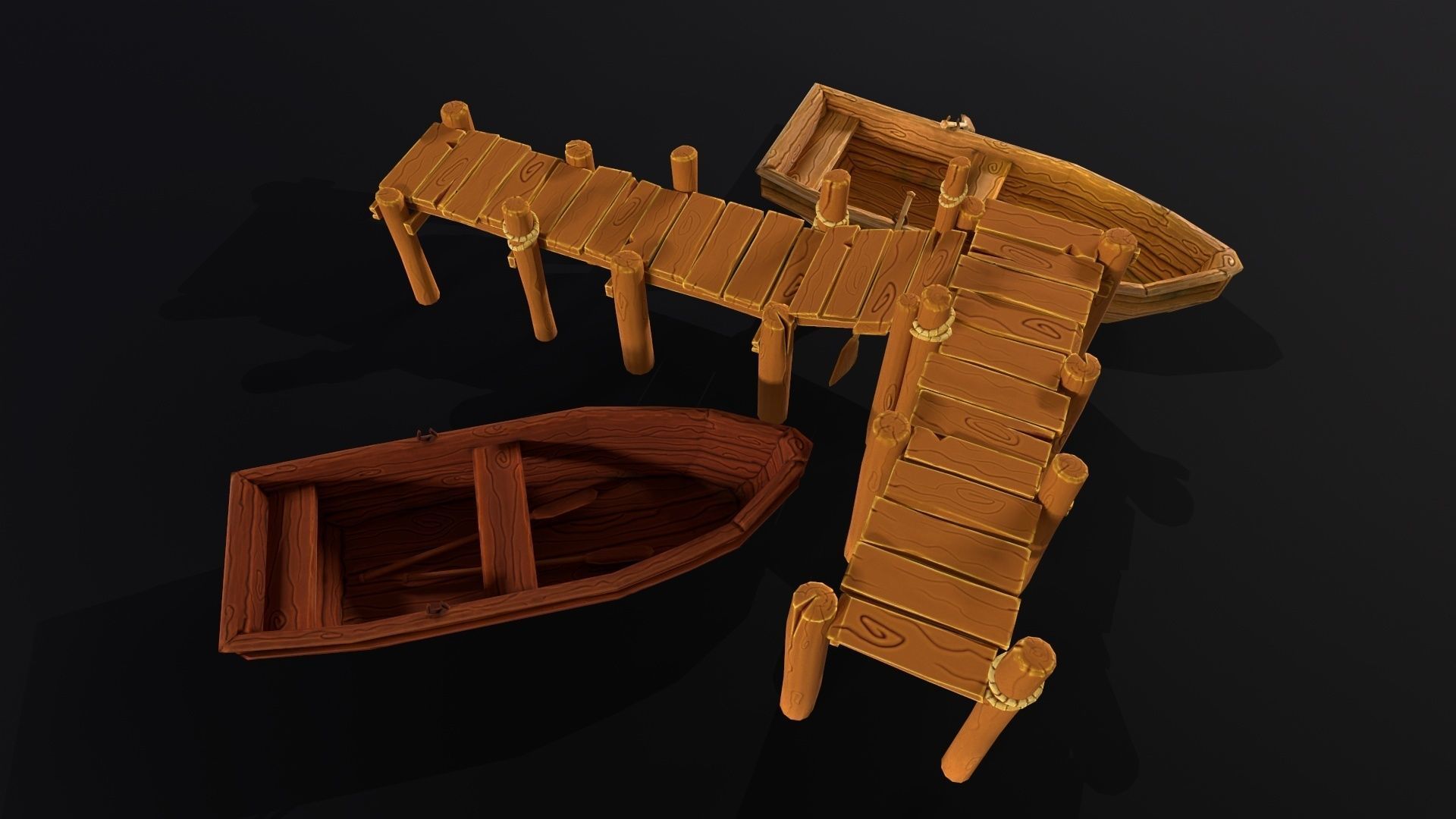Stylized lowpoly port pier and boats game asset Low-poly 3D model_7