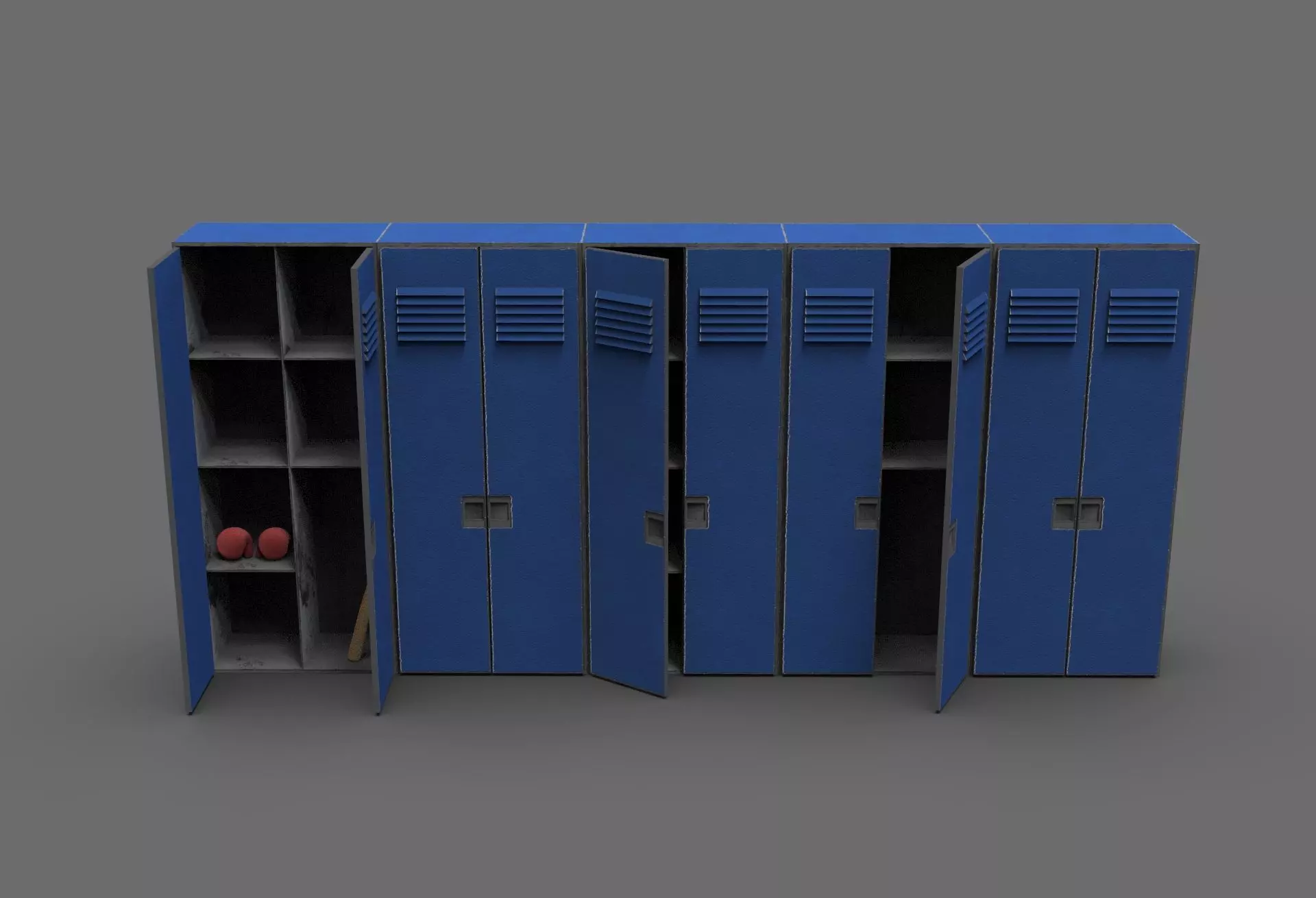 low poly steel lockers with baseball bat and boxing gloves Low-poly 3D model