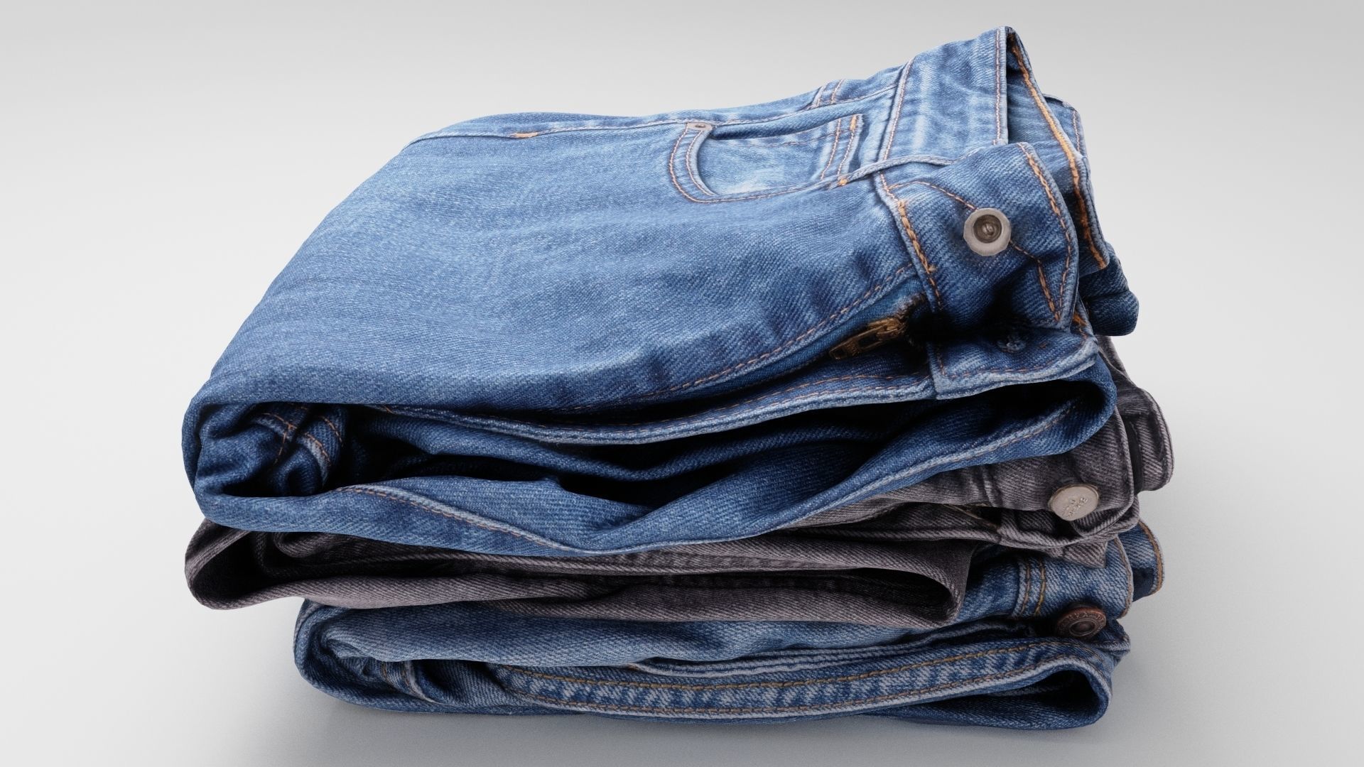 Pile or stock of folded blue jeans pants for wardrobe 3D model_1